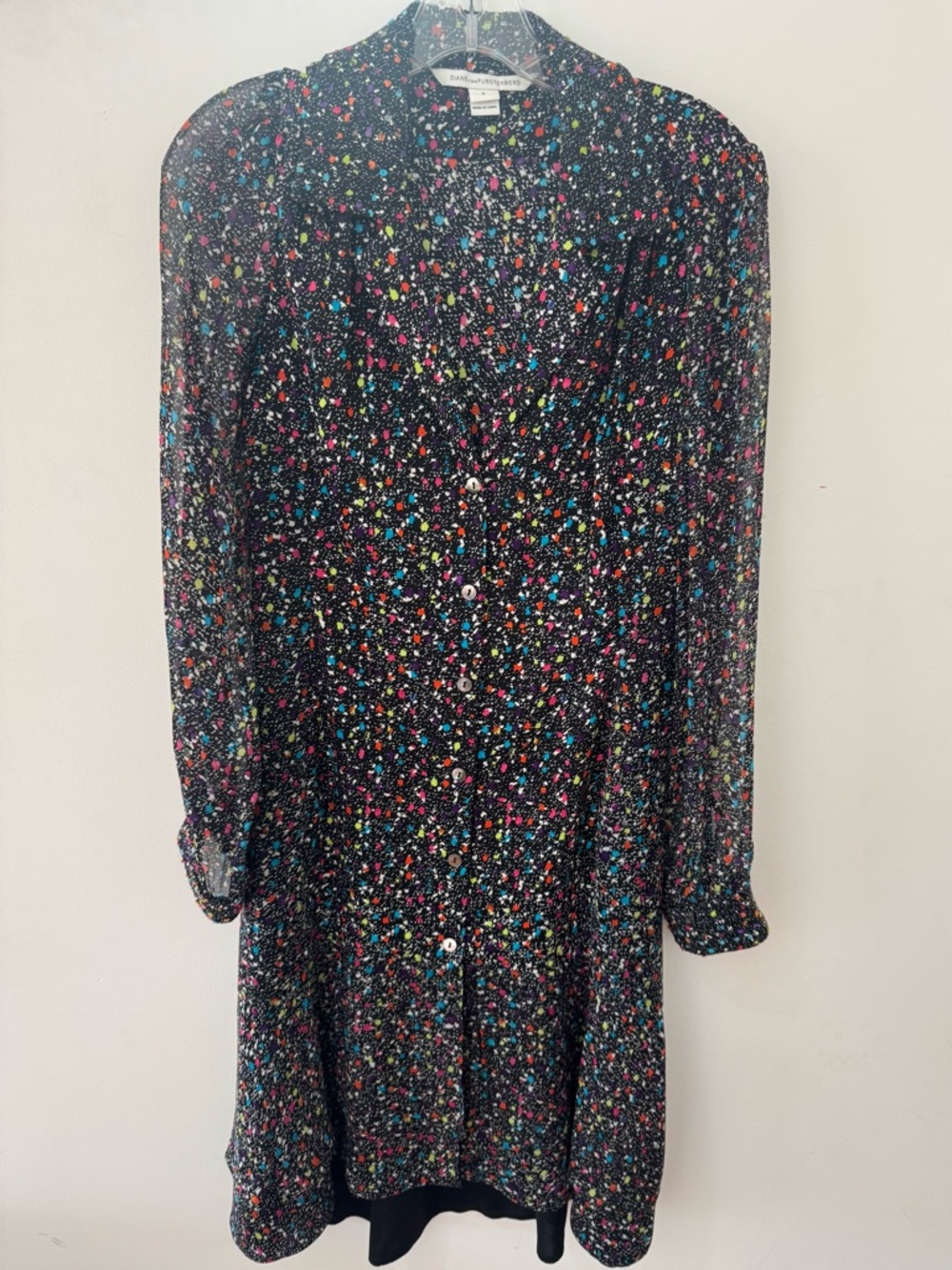 Diane Von Furstenberg Catherine Black Silk Dress with Multicolor Speckle Print - Picture 2 of 13